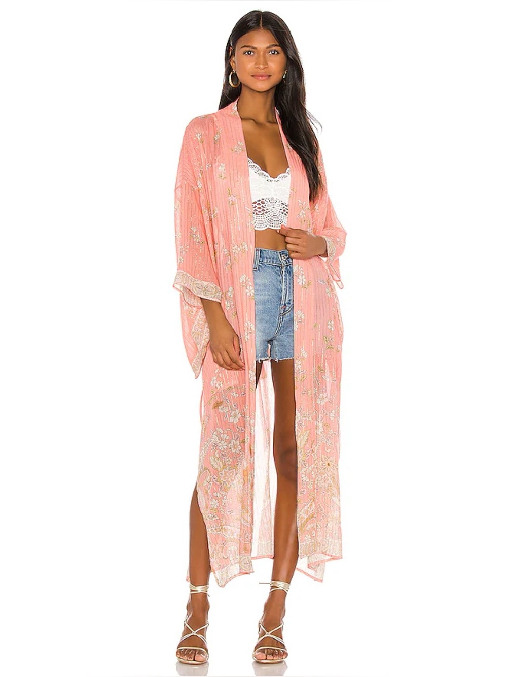 SPELL & THE GYPSY Hendrix Pink Gold Floral Duster Kimono Tunic Festival Robe